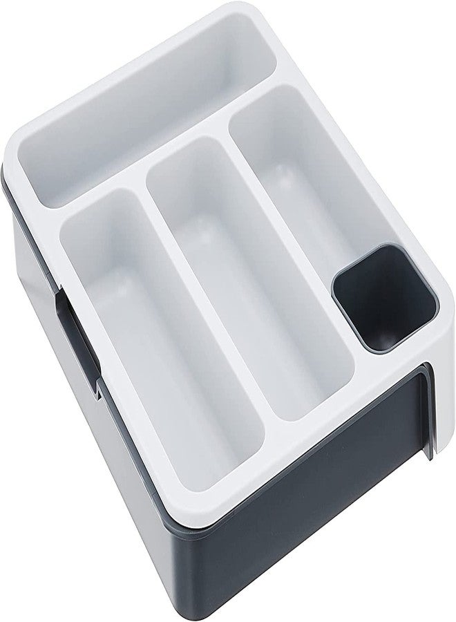 Styxon Expandable Cutlery Tray - Foldable Drawer Holder to Store Organize Spoons Toiletries For Home Kitchen | 38 X 5.5 X 29 cm | Gray & White | Plastic - Image 2